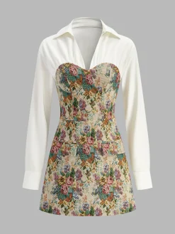 2 in 1 Tweed Floral Zipper Polo Dress