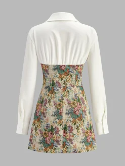 2 in 1 Tweed Floral Zipper Polo Dress