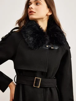 Adjustable Fur-Collar Belted Trench Coat