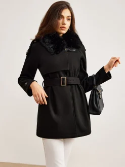 Adjustable Fur-Collar Belted Trench Coat