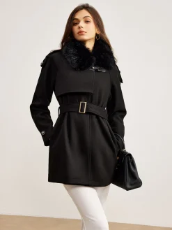 Adjustable Fur-Collar Belted Trench Coat