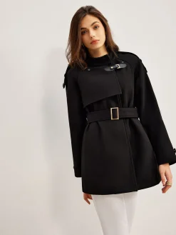 Adjustable Fur-Collar Belted Trench Coat