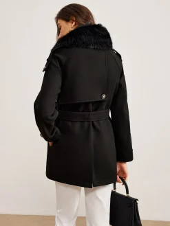 Adjustable Fur-Collar Belted Trench Coat