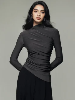 Asymmetric Collar Draped Long Sleeve Shirt