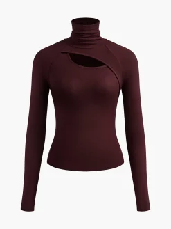 Asymmetric Cut Out Turtleneck Long Sleeve Slinky Top
