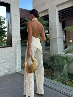 Asymmetric Halter Crop Top With Wide Leg Pants Set