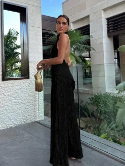 Asymmetric Halter Crop Top With Wide Leg Pants Set