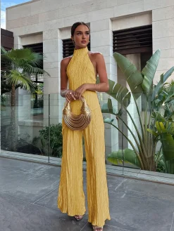 Asymmetric Halter Crop Top With Wide Leg Pants Set