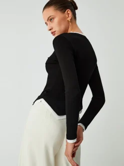Asymmetric Hem Contrast Trim Long Sleeve Shirt
