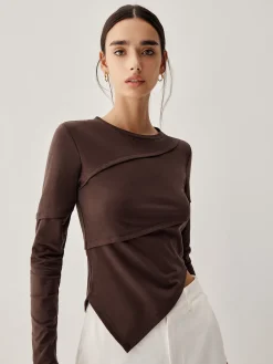 Asymmetric Hem Piping Long Sleeve Top