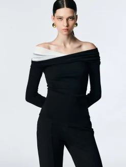 Asymmetric Off Shoulder Long Sleeve Mesh Top