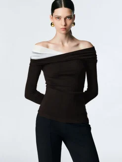 Asymmetric Off Shoulder Long Sleeve Mesh Top