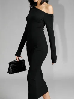 Asymmetric Off Shoulder Long Sleeve Midi Dress