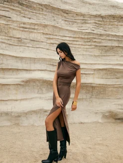 Asymmetric One-Shoulder Split Knit Long Dress