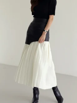 Asymmetric Patchwork Faux Leather Chiffon Pleated Midi Skirt