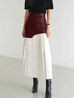 Asymmetric Patchwork Faux Leather Chiffon Pleated Midi Skirt
