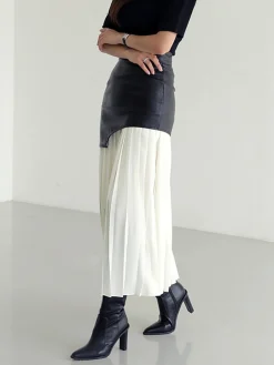 Asymmetric Patchwork Faux Leather Chiffon Pleated Midi Skirt