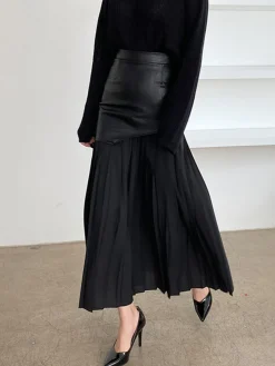 Asymmetric Patchwork Faux Leather Chiffon Pleated Midi Skirt
