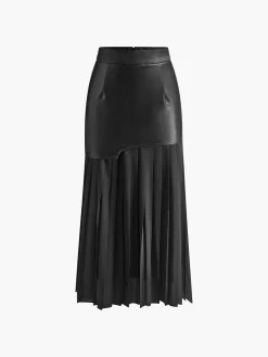 Asymmetric Patchwork Faux Leather Chiffon Pleated Midi Skirt