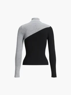 Asymmetric Patchwork Long Sleeve Mock Neck Knit Top