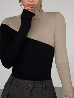 Asymmetric Patchwork Long Sleeve Mock Neck Knit Top