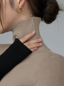 Asymmetric Patchwork Long Sleeve Mock Neck Knit Top