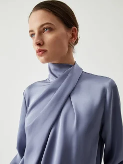 Asymmetric Pleated Turtleneck Satin Shirt