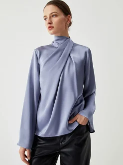 Asymmetric Pleated Turtleneck Satin Shirt