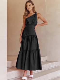 Asymmetric Shoulder Knotted Midi Dress