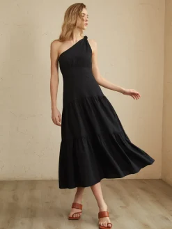Asymmetric Shoulder Knotted Midi Dress