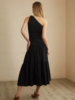 Asymmetric Shoulder Knotted Midi Dress
