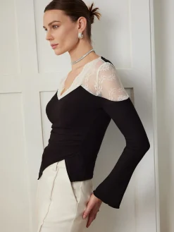 Asymmetric Skinny Lace Panel Blouse