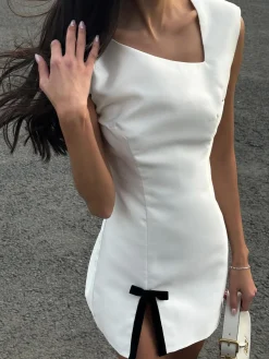 Asymmetrical Bow Decor Split Short Dress