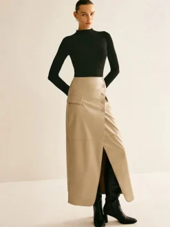 Asymmetrical Button Faux Leather Skirt
