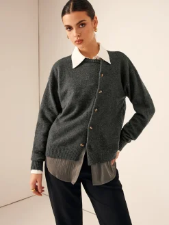 Asymmetrical Button-Down Crew Neck Cardigan