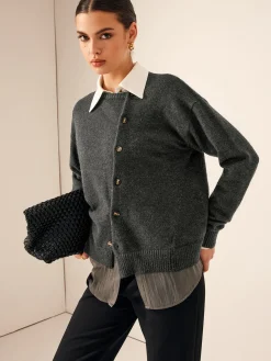 Asymmetrical Button-Down Crew Neck Cardigan