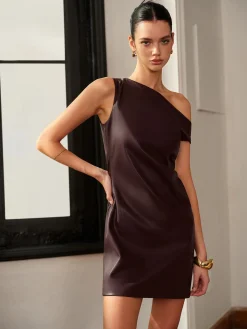 Asymmetrical Cold-Shoulder PU Leather Dress