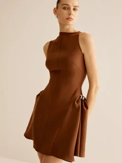 Asymmetrical Collar Panel Ruched Dress
