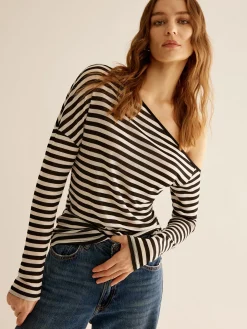 Asymmetrical Collar Striped T-Shirt
