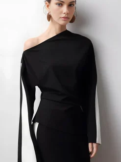 Asymmetrical Color Block Jersey Blouse