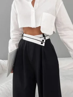 Asymmetrical Contrast Waistband Wide Leg Dress Pants
