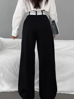 Asymmetrical Contrast Waistband Wide Leg Dress Pants