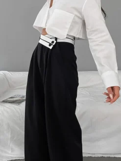 Asymmetrical Contrast Waistband Wide Leg Dress Pants