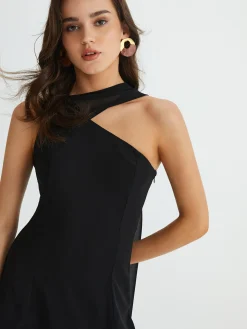 Asymmetrical Cutaway Shoulder Short Dress