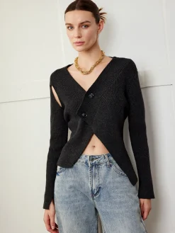 Asymmetrical Cutout Button Knit Top