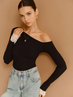 Asymmetrical Lace-Cuff Slim Sweater