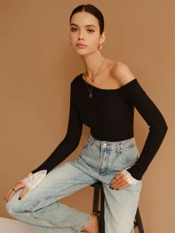 Asymmetrical Lace-Cuff Slim Sweater
