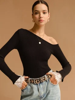 Asymmetrical Lace-Cuff Slim Sweater