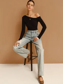 Asymmetrical Lace-Cuff Slim Sweater