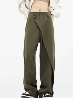 Asymmetrical Layer Button Wide Leg Dress Pants